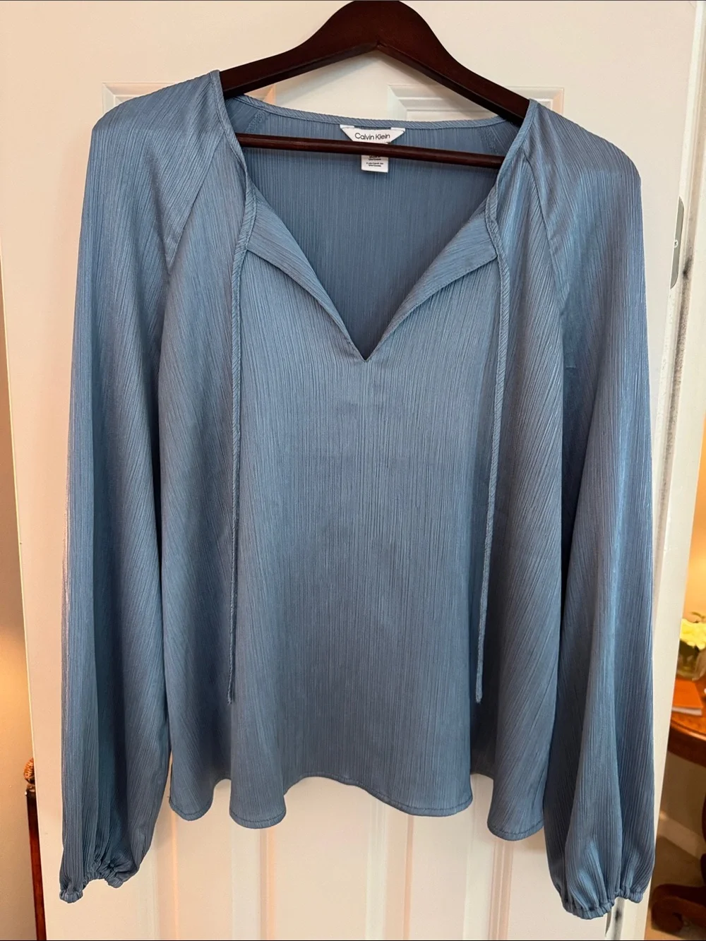 Calvin Klein Dusty Blue V-Neck Long-Sleeve Blouse - Picture 1 of 7
